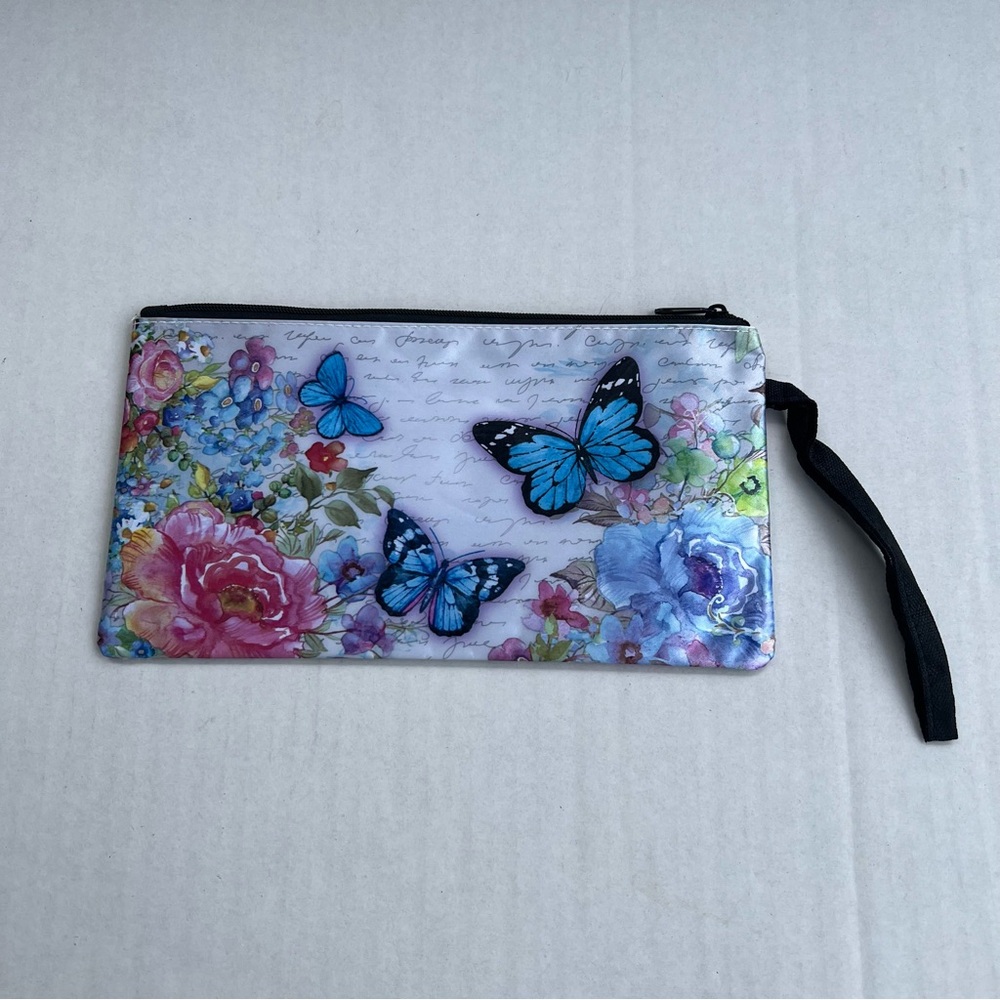 Butterfly & Floral Silky Design Zip Closure Wristlet Pouch Make-up/Cosmetics Bag